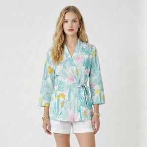 Manuel Canovas Wrap Top Blue Pink Floral 100% Cotton Beach Resort Blouse US S